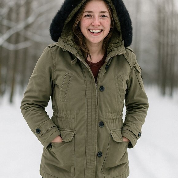 Michael Kors Hooded Parka Coat Size Large Olive Faux Fur Trim Sherpa Lining - Picture 1 of 14